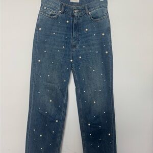 Zara Blue Straight Leg Jeans with Unique Embellishments